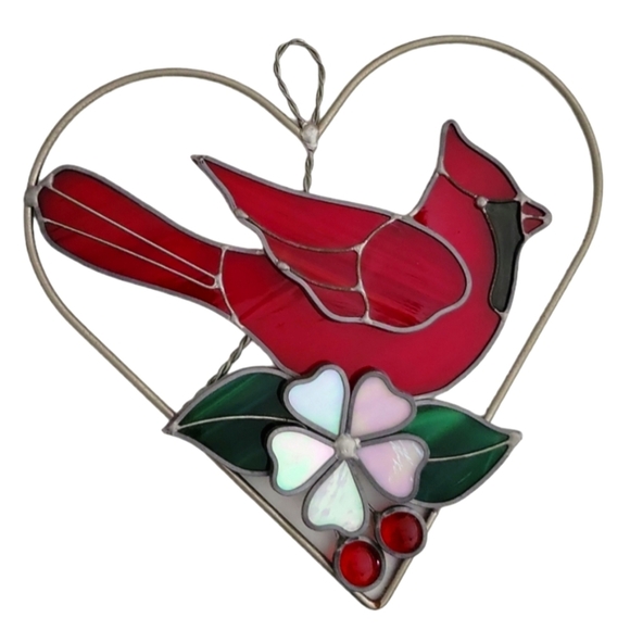 Large stained Glass Bird Cardinal on wire heart ring suncatcher
